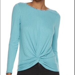 NWT Juicy Couture brushed ribbed top with twist & embellished neckline L